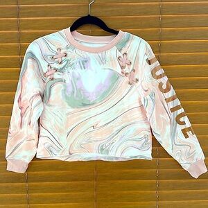 Justice lace sleeve logo, marbled sweatshirt